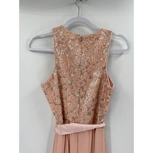 Badgley Mischka Belle  Pink Sequined Chiffon Tie Waist Maxi Formal Gown Size 4