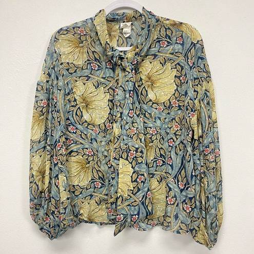 Krass&co Morris &  X H&M womens Size 6 Floral Button Up Blouse Puff Sleeve Front Tie