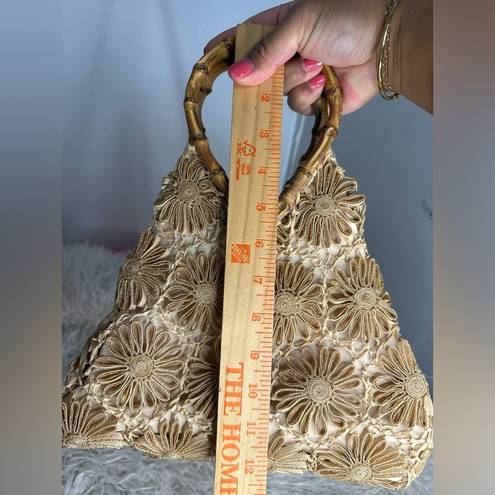 Vintage Floral Straw Bamboo Handle Bag Tote Purse