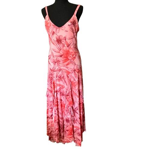 Serendipity  (vintage) Hawaiian pink floral stretch ruffle maxi dress beach cover