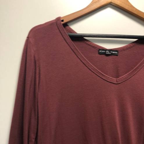 Kim And Cami  Tie Front 3/4 Sleeve Tee Maroon medium