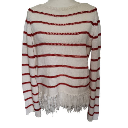 W By Worth  Womens Sweater Size S Stripe Fringe Open Knit White Red Long Sleeve