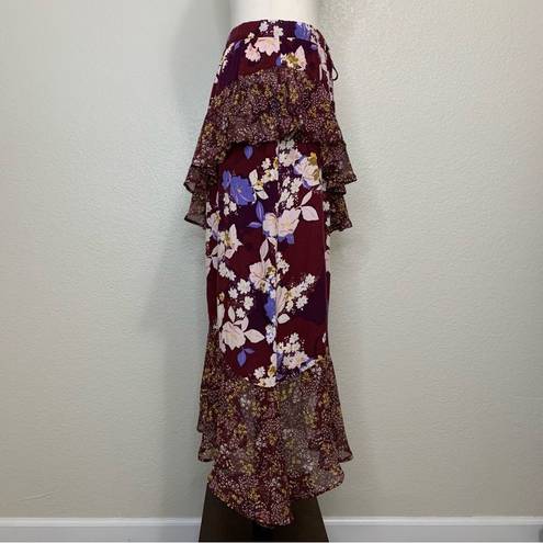 Mossimo Burgundy Floral Ruffle Midi Skirt Size M