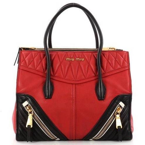 Miu Miu women’s Biker Matelasse twin pocket red black Nappa leather satchel bag