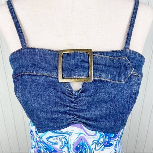 Metro Vintage Y2K  Style Stretch Denim Buckle Tank Blue Purple Printed Scarf Top