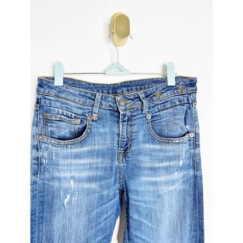 R13  Straight Boy Cropped Distressed Jeans in Durham Blue Wash Size 28