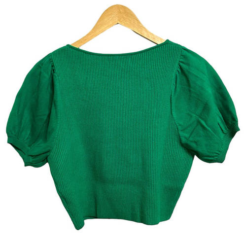 The Moon Day +  Green ribbed square neck puff sleeve sweater size Medium NEW