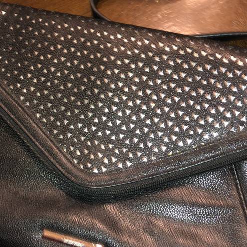 Nine West  Black & Silver Tone Laser Cut Foldover Clutch Or Shoulder Bag