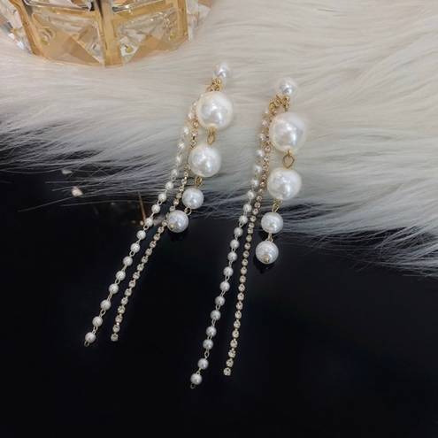 Elegant White Pearl Dangle Drop Earrings for Women,CZ Tassel Pearl Earrings Gold