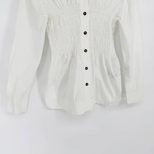 Ganni  Ruched Cotton Poplin Shirt Button Down Long Sleeve White Women's 34 US 4