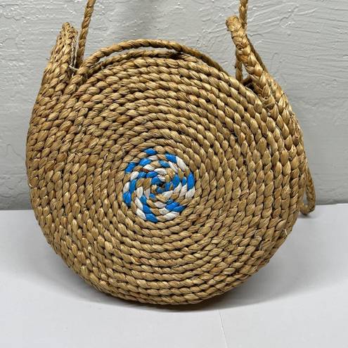 Vintage Blue  White Swirl Boho Round Straw Raffia Bag Hand Woven Shoulder Purse