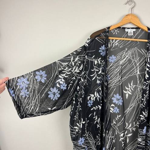 Ulla Popken‎ Kimono Duster Womens 32/34 Black Floral Colorful Sheer 3/4 Sleeve