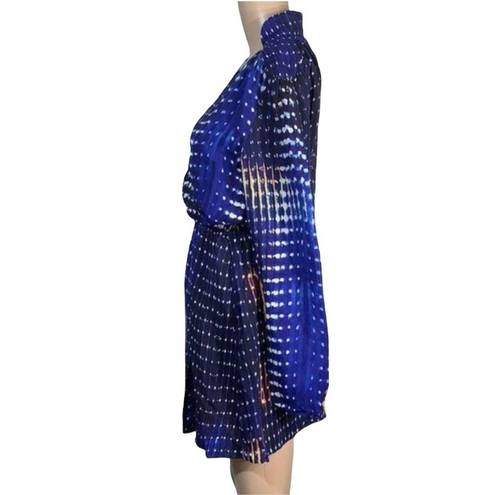 Parker Womens Mini Dress Pure Silk Faux Wrap Blouson Blue Digital Print XS