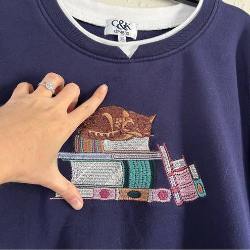 Vintage Blue C&K  Crewneck Sweatshirt Cat Books Casual Comfy 2X