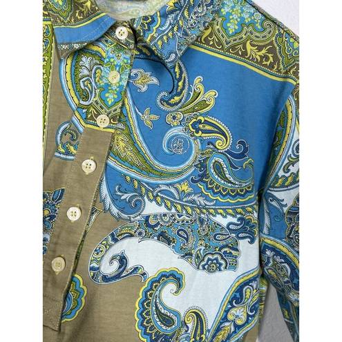 Polo Bogner Paisley Print Long Sleeve  Shirt Large L 3/4 Button Front Green Blue