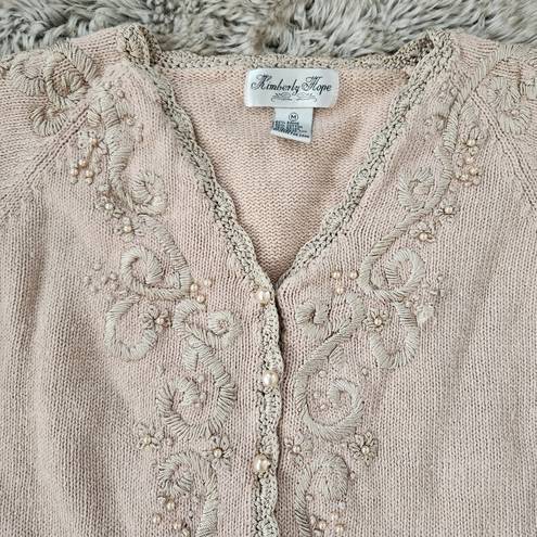 Kimberly  Hope Vintage Knit, Embroidered, and Beaded Cardigan Sweater Beige Med