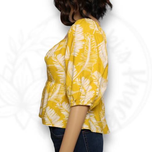 Sim & Sam  Puff Sleeve Leaf Print Square Neck Top Blouse Yellow & White Sz XL