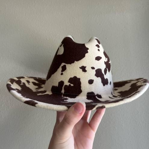 Free People  Milk Money Cowboy Rancher Hat Wool Felt Cow Print Brown Ivory