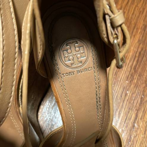 Tory Burch  Wendelle Tan Leather Wedge Platform Sandals Size 8 T strap