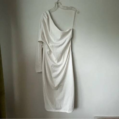 Petal and Pup  Cheyanne White One Shoulder Midi Knit Sheath Dress 10