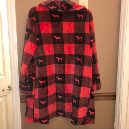 PINK - Victoria's Secret Victoria’s Secret Pink Plaid Dog Print Plush Fuzzy Robe Red Black XS/S