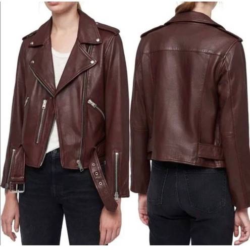 All Saints Balfern Leather Biker Jacket In Deep Berry Size 2 NEW