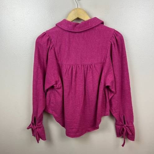 Pilcro  Anthropologie Puff Sleeve Blouse Size XS Raspberry Pink Henley Tie Sleeve