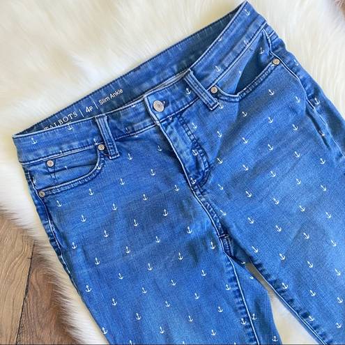 Talbots  Flawless Slim Ankle Fit Blue Anchor Print Jean Size 4 Petite