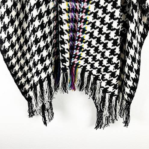 Chico's CHICO’S Black And White Houndstooth Multicolored Accent Panel Fringe Poncho, OS