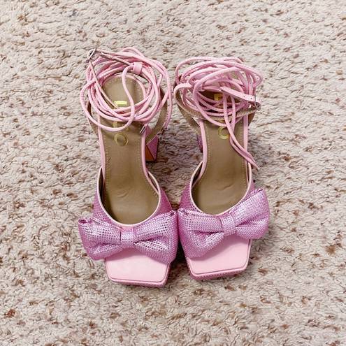 EGO Dolls Kill  Barbie Pink Taste Diamante Bow Square Platform Lace Up Sandals