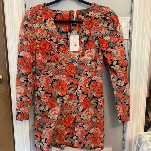 Free People Movement People Kapowski Red Floral Corduroy Long Puffy Sleeve Dress