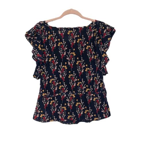 Anthropologie  Odille Salix Silk Petal Floral Cowl Drape Neck Blouse | Navy | S