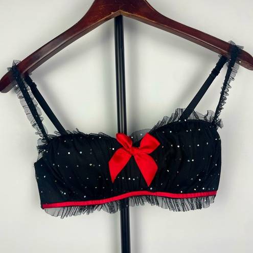 Frederick's of Hollywood  Black Red Burlesque Mesh Demi Bedazzled Ruffle Mesh Bra