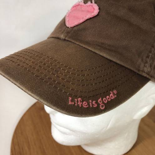 Life is Good  Women’s Pink Heart Appliqué Brown Cotton Baseball Cap One Size