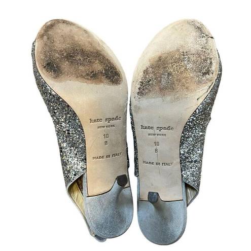 Kate Spade  Shoes Silver Glitter Bow Accent Slip On Peep Toe Slingback Pump Heels