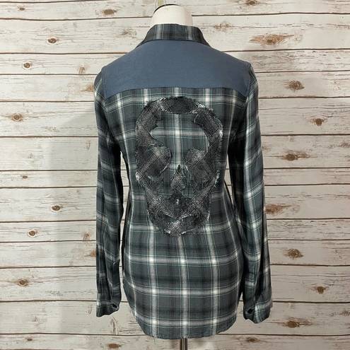 Zadig & Voltaire  Talmi Skull Embellished Plaid Button Down Top - Blue/Gray - XS