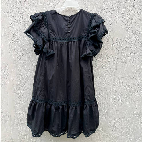 Scarlett  Poppies Embroidered Sleeve Ruffle Eyelet Mini Dress Black Women's M