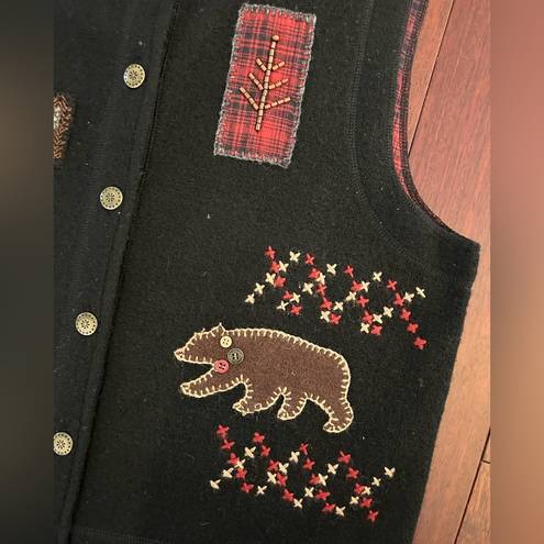 Woolrich Women’s 100% Wool Vest Black Fall Leaves Bear Rustic Country Size M