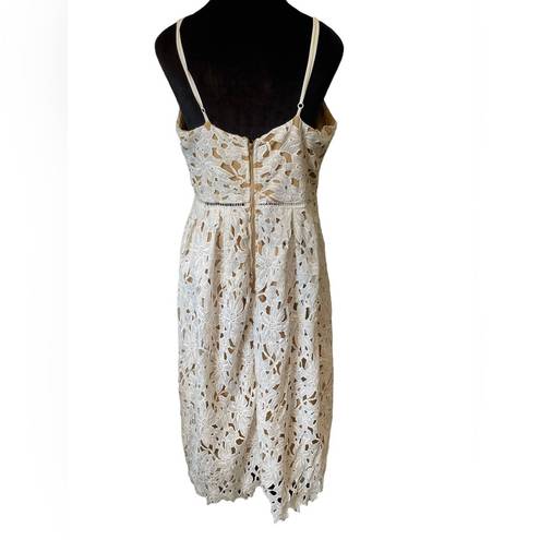 Sans Souci  White Tan Boho Romantic Cottagecore Floral Lace Formal Midi Dress