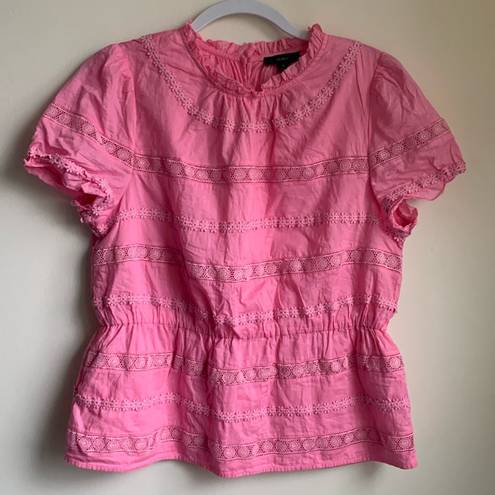 J.Crew  Daisy-Chain Lace Cotton Peplum Top (Sz M) Pink Eyelet Floral Appliqué