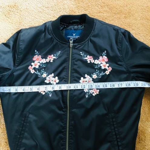 American Eagle Floral Embroidered Black Puffer Bomber Jacket