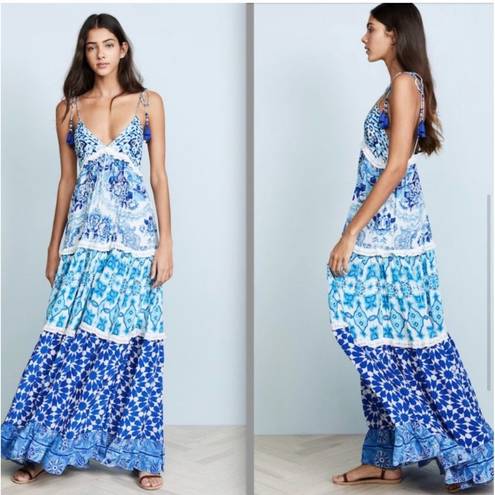 Rococo  Sand Oriental Labyrinth Printed Sleeveless Tassel Lace Tiered Maxi Dress