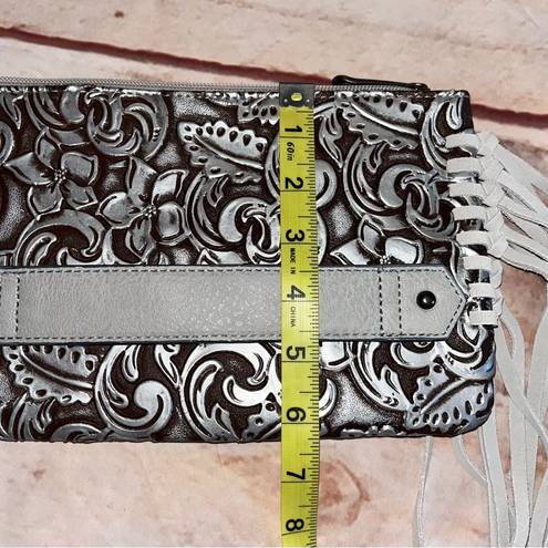 Justin Boots JUSTIN Leather Tooled Silver Clutch Bag with Frimge