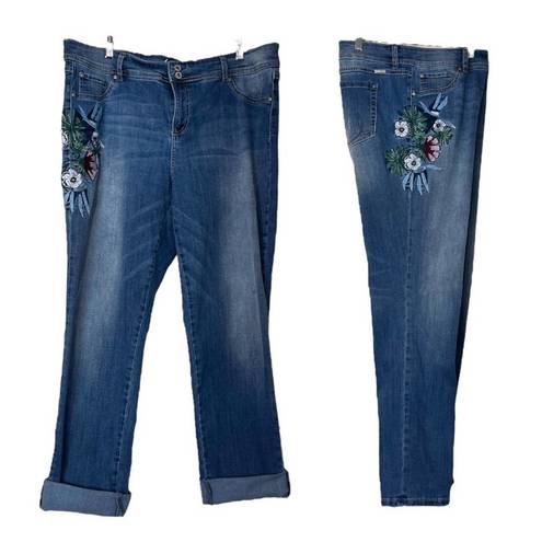 INC  Denim Jeans Boyfriend Regular Fit Stretch Floral Embroidery Women’s Size 16