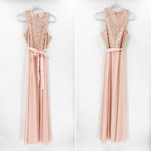 Badgley Mischka Belle  Pink Sequined Chiffon Tie Waist Maxi Formal Gown Size 4