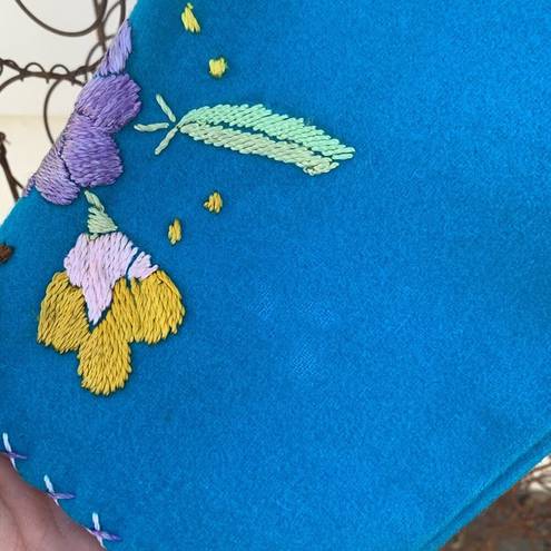 Vintage Blue  Wool Folk Art Boho floral embroidery open jacket