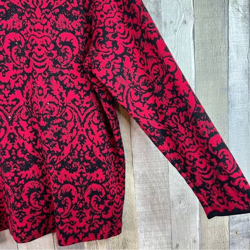 J.Jill  3X Red & Blaack Damask Print Rhinestone Long Sleeve Crewneck Sweater