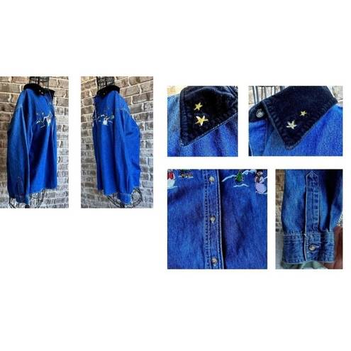 Basic Editions  Plus Snowman Denim Shirt 18W Blue Embroidered  Vintage Ch…