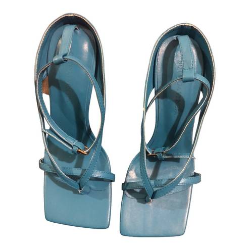 Bottega Veneta Bitters Veneta blue leather square toe ankle strap sandal.