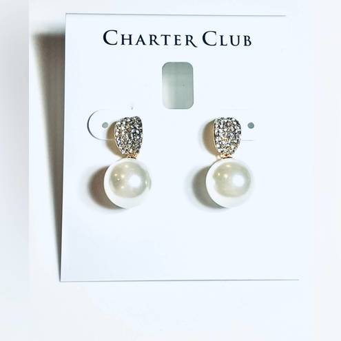 Charter Club NEW  Pearl Drop EARRINGS 1" Pave Crystal & Faux Pearl Post Back Gold